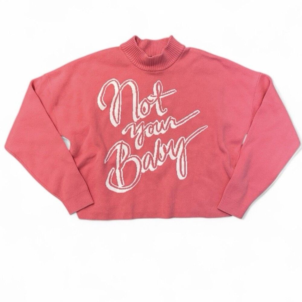 H&M Cropped Sweater Pink Not Your Baby Wmns Sz S Cotton Blend Pullover Mock Neck